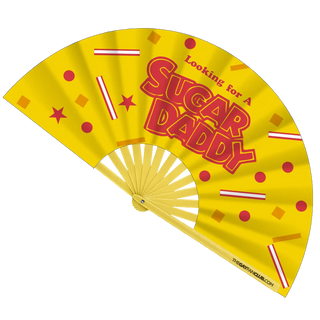 Yellow fan with red text 'Looking for a Sugar Daddy' on a white background