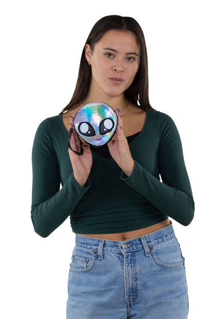 Alien Face Wristlet in Vinyl Material: Silver