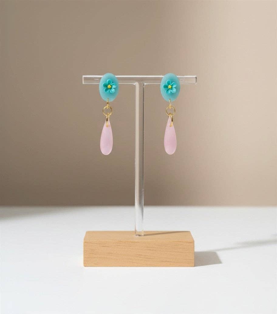 Blue Floral Pastel Pink Dangles