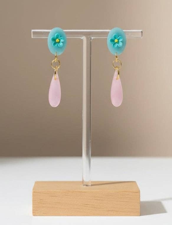 Blue Floral Pastel Pink Dangles
