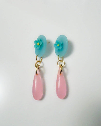 Blue Floral Pastel Pink Dangles